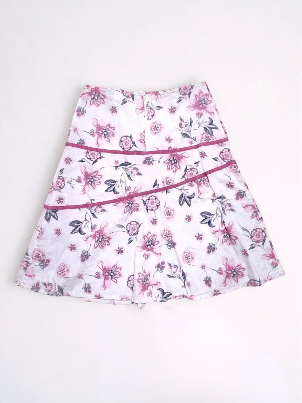 Vtg Y2K New York Design Co White Pink Floral Print Tiered Midi Skirt Size M
